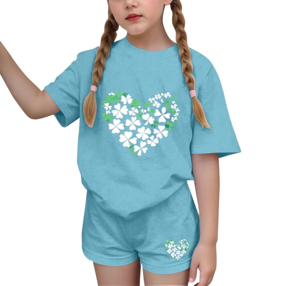 hoksml Girls 4-15 Years St. Patrick's Day Heart Shamrock Print Short Sleeve Shirt and Shorts Set Casual Outfit