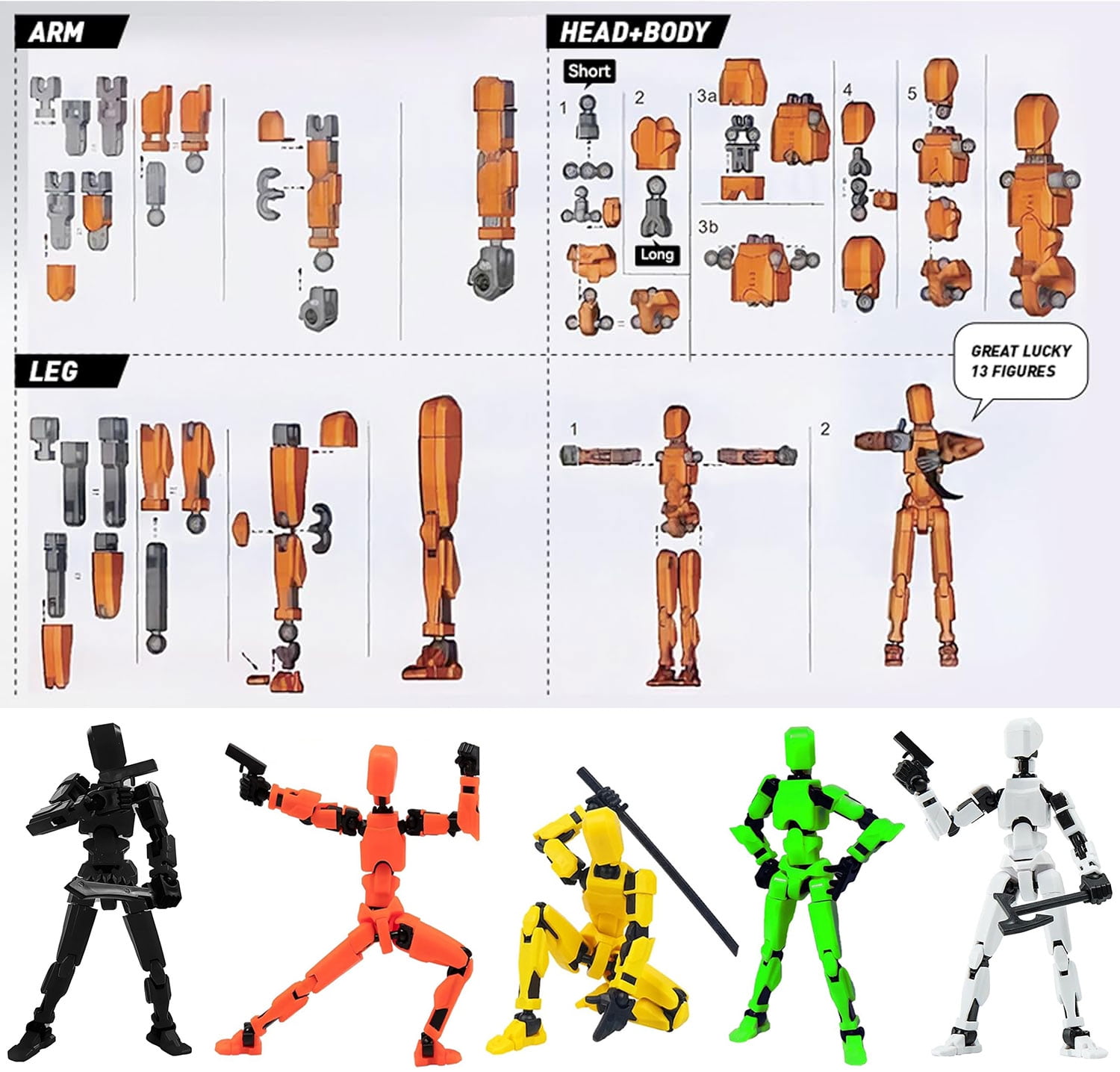 T13 Action Figure Set, 5PCS Robot Action Figure Titan 13 3D Printed Toys Articulated, Suitable For Stop Motion Animation, Desktop Decoration, Christmas Gifts