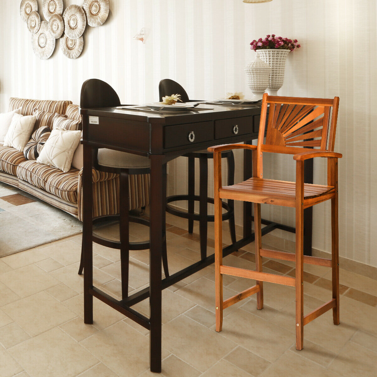 Gymax Set of 2 29.5" Bar Chair Acacia Wood Barstools w/ Sector Backrest & Slatted Seat