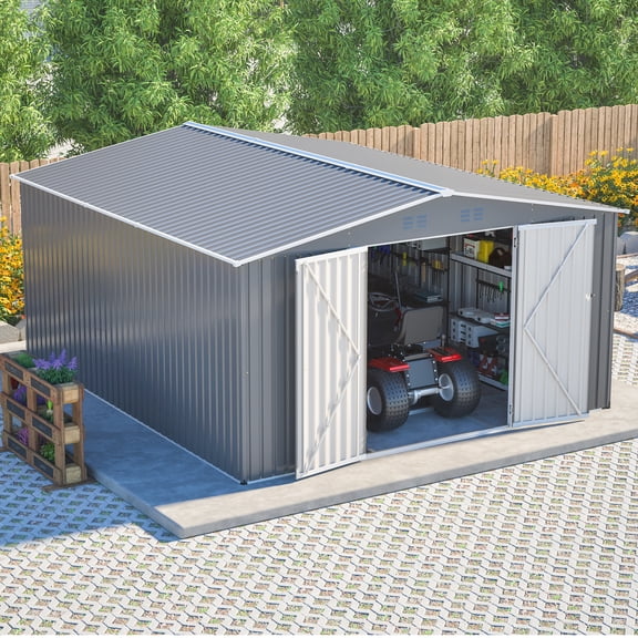 LZBEITEM 12'x14' Outdoor Metal Shed with Floor Frame kit , Updated Frame & Lockable Doors for Backyard, Garden, Lawn, Gray