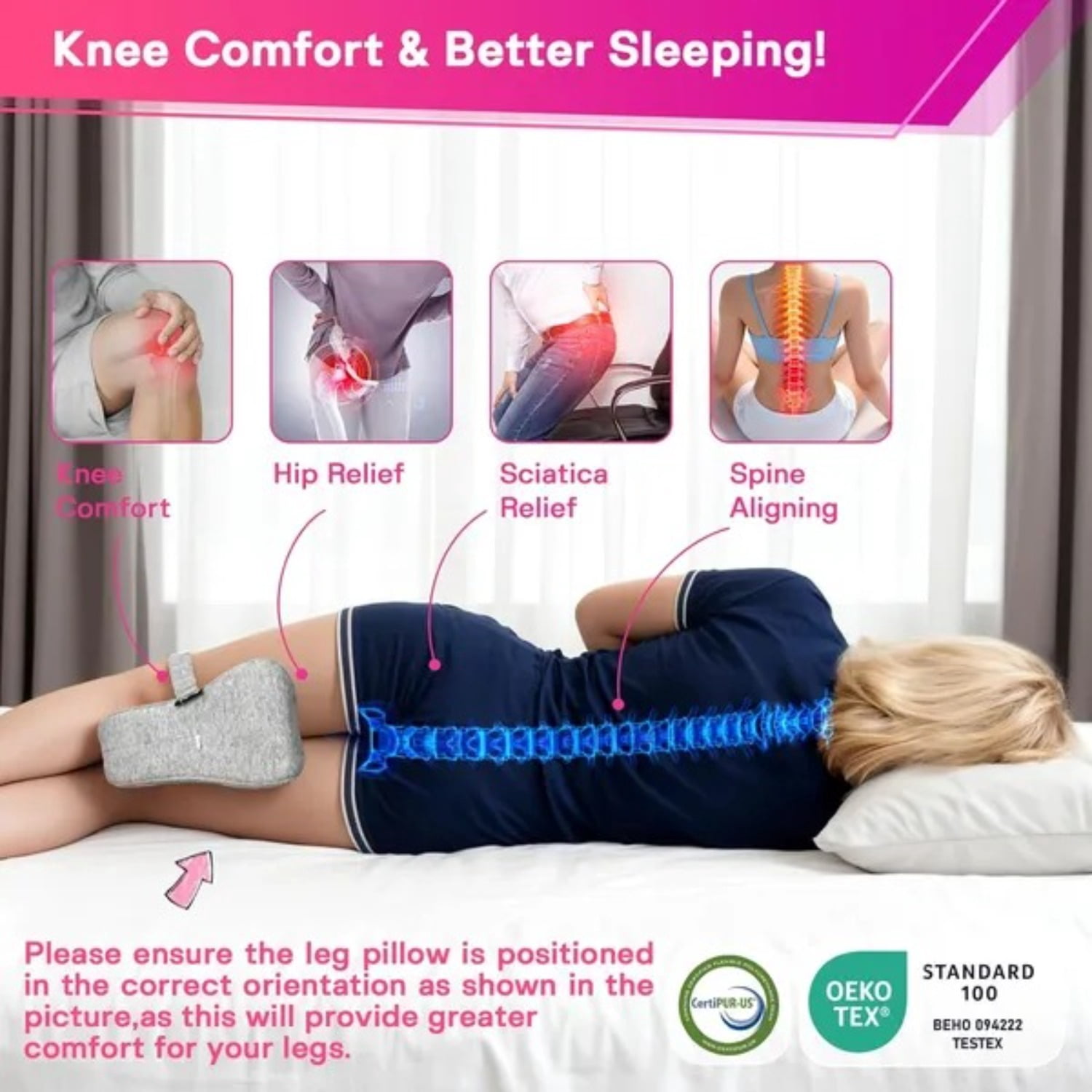 Knee Pillow for Side Sleepers Memory Foam Spine Alignment Pillow for Back Hip Pain Sciatica Pregnancy Surgery Recovery