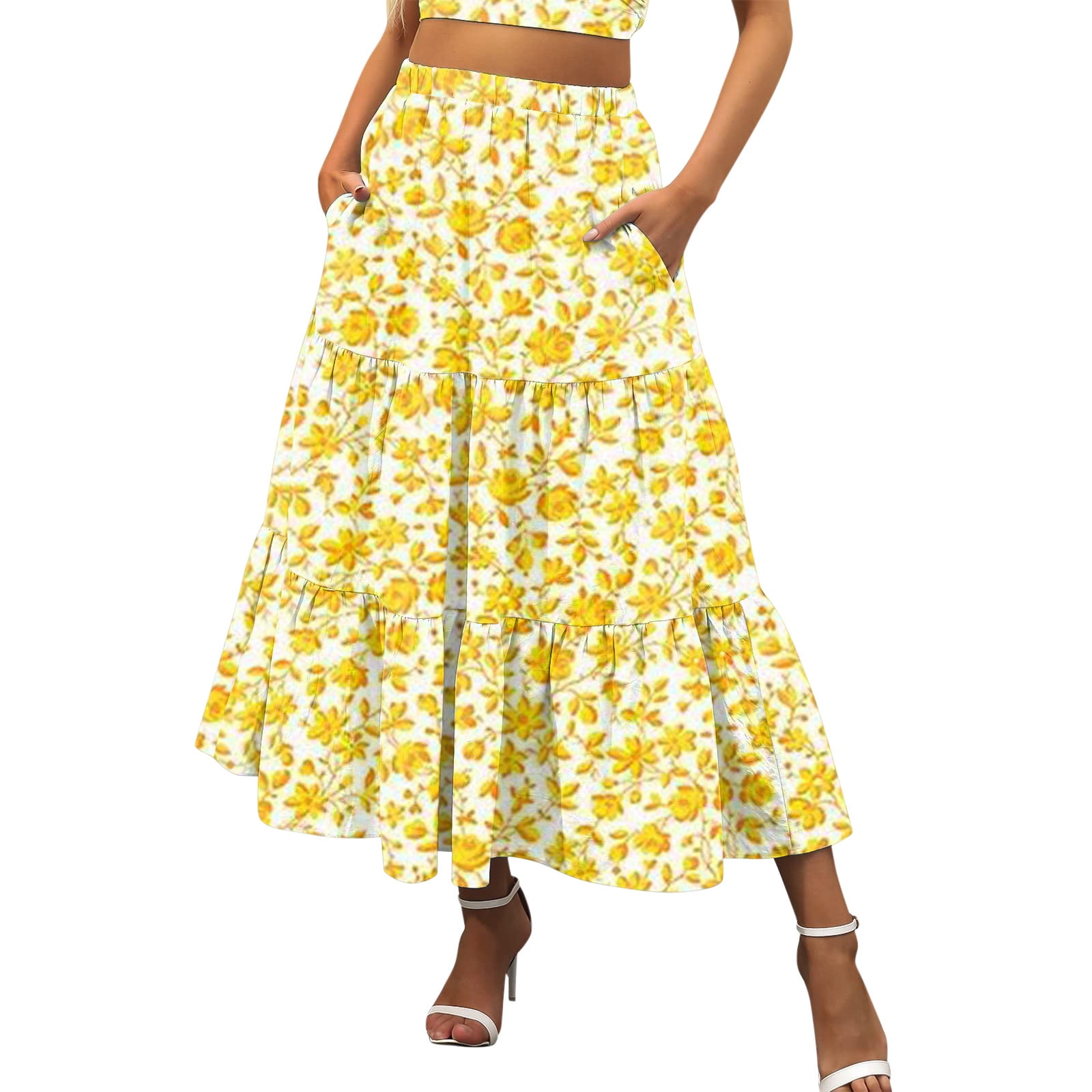 LEEy world Maxi Skirt Women s Casual High Waist Pleated A Line Midi Skirt With Pocket Womens Novelty Skirts Yellow XXL
