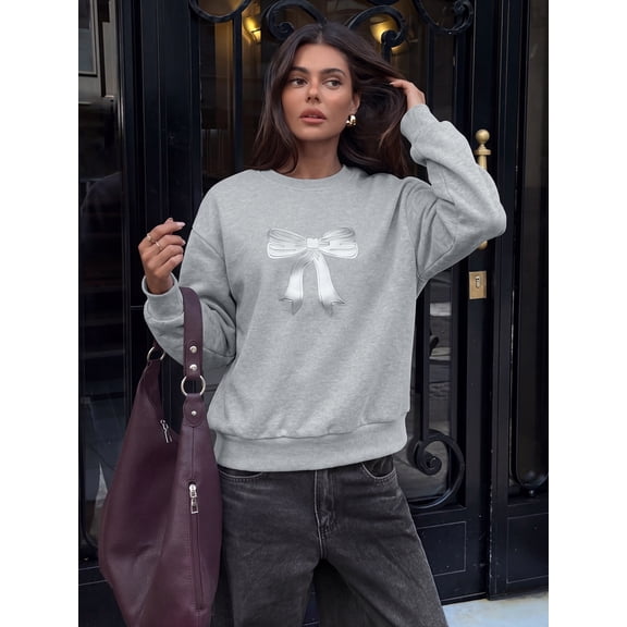 Women Embossed 3D Bow Graphic Long Sleeve Pullover,Crewneck Sweatshirt for Fall Everyday Wear