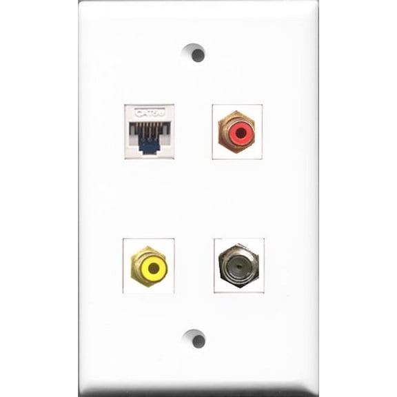 RiteAV 1 Port RCA Red and 1 Port RCA Yellow and 1 Port Coax Cable TV- F-Type and 1 Port Cat5e Ethernet White Wall Plate