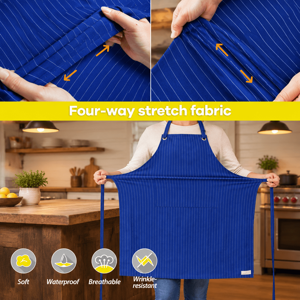 Royal Blue Stripe Stretch Chef Apron with 2 Pockets, Waterproof for ...