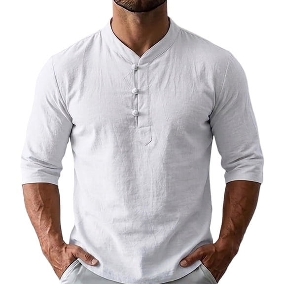 WRFWUL Mens Flax Linen Henley Shirt Half Sleeve Button Placket Casual Summer Breathable Lightweight Tunic Top
