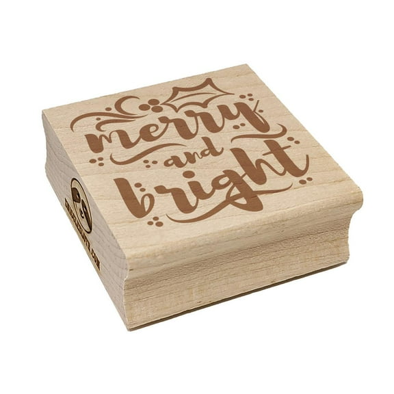 Merry and Bright Christmas with Holly Square Rubber Stamp Stamping Scrapbooking Crafting - Small 1.25in