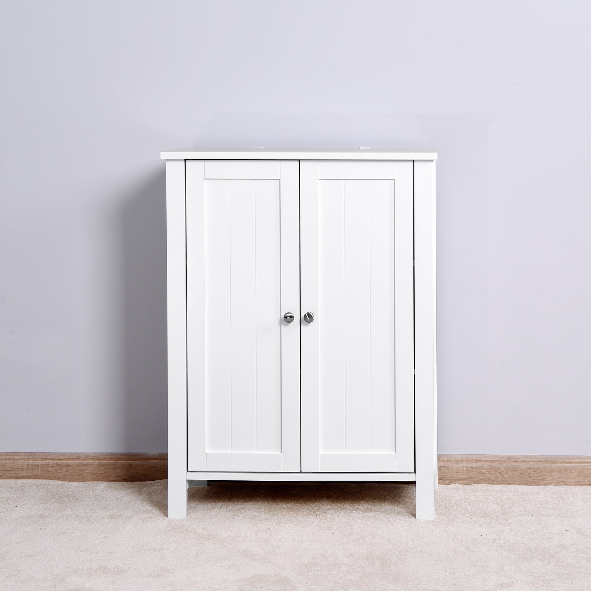 MAYEERTY White Bathroom Floor Storage Cabinet with Double Door & Adjustable Shelf