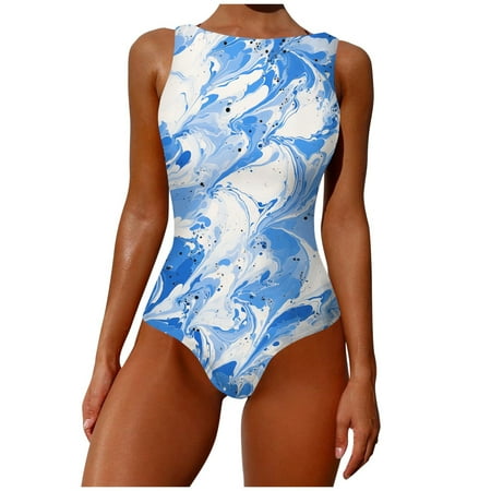 QYZEU Women s One-Piece Swimsuits Sexy Summer Round Neck Sleeveless Swimsuit Fashionable Sexy Printed Bikini Plus Size Breathable High Waist Swimsuit Bottoms Sky Blue L
