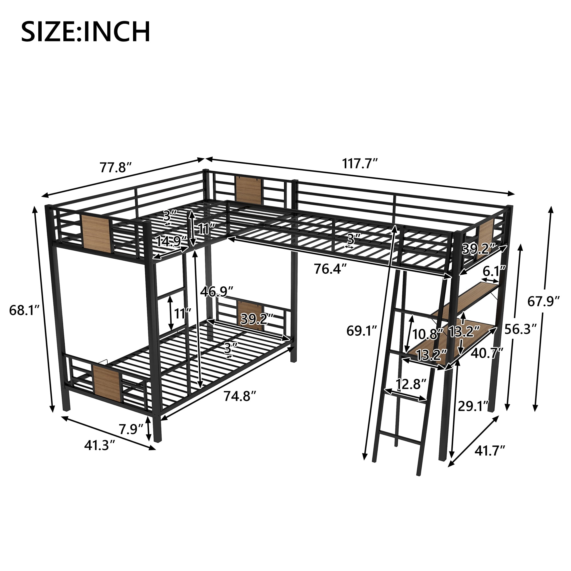 Aukfa Triple Bunk Bed with Desk and Shelf, L-Shaped Metal Bunk Bed with a Twin Loft Bed for 3 Kids, Twin Over Twin - Black