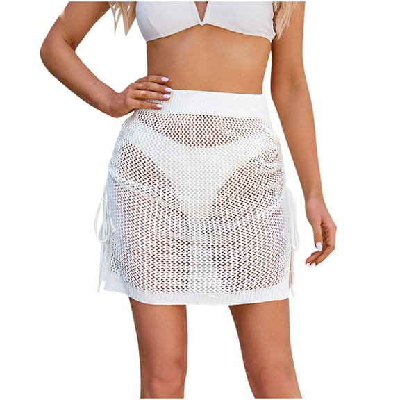 Tennis Skirt Dress in Clearance 2025 Summer Women Crochet Beach Skirt Hollow out Swimsuit Cover up Skirt for Bikini Bathing Suit New White L