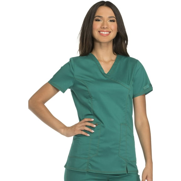 Dickies Essence Medical Scrubs Top for Women Mock Wrap DK804, L, Hunter Green