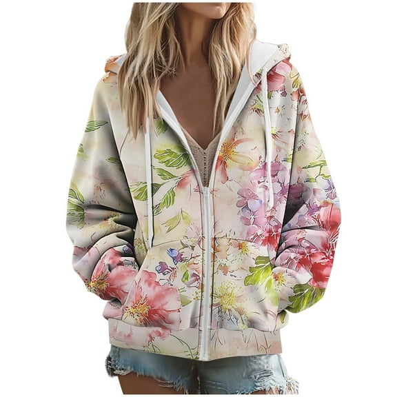 cocolona Hoodies for Women Casual Long Sleeve Zip Up Hooded Sweatshirts Fall Winter Fashion Floral Print Jacket Coats with Pockets