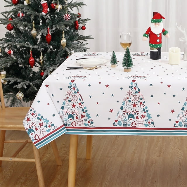 Haperlare Christmas Rectangle Christmas Tablecloth Waterproof Holiday Decorative Table Cover for Outdoor Indoor Party Kitchen Dining Room, White, 54"x90"