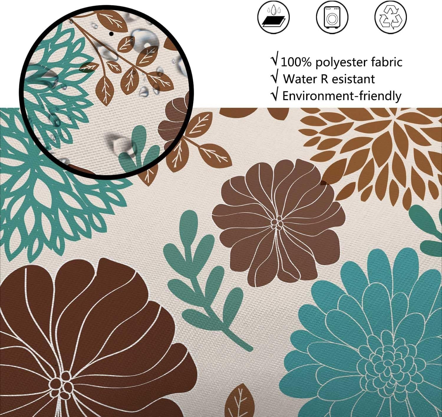 Boho Teal and Brown Floral Shower Curtain, Turquoise and Tan Flower Shower Curtain for Bathroom, Aqua Blue Bohemia Art Aesthetics Bathroom Decor Shower Curtain Set with 12 Hooks, 72X72in