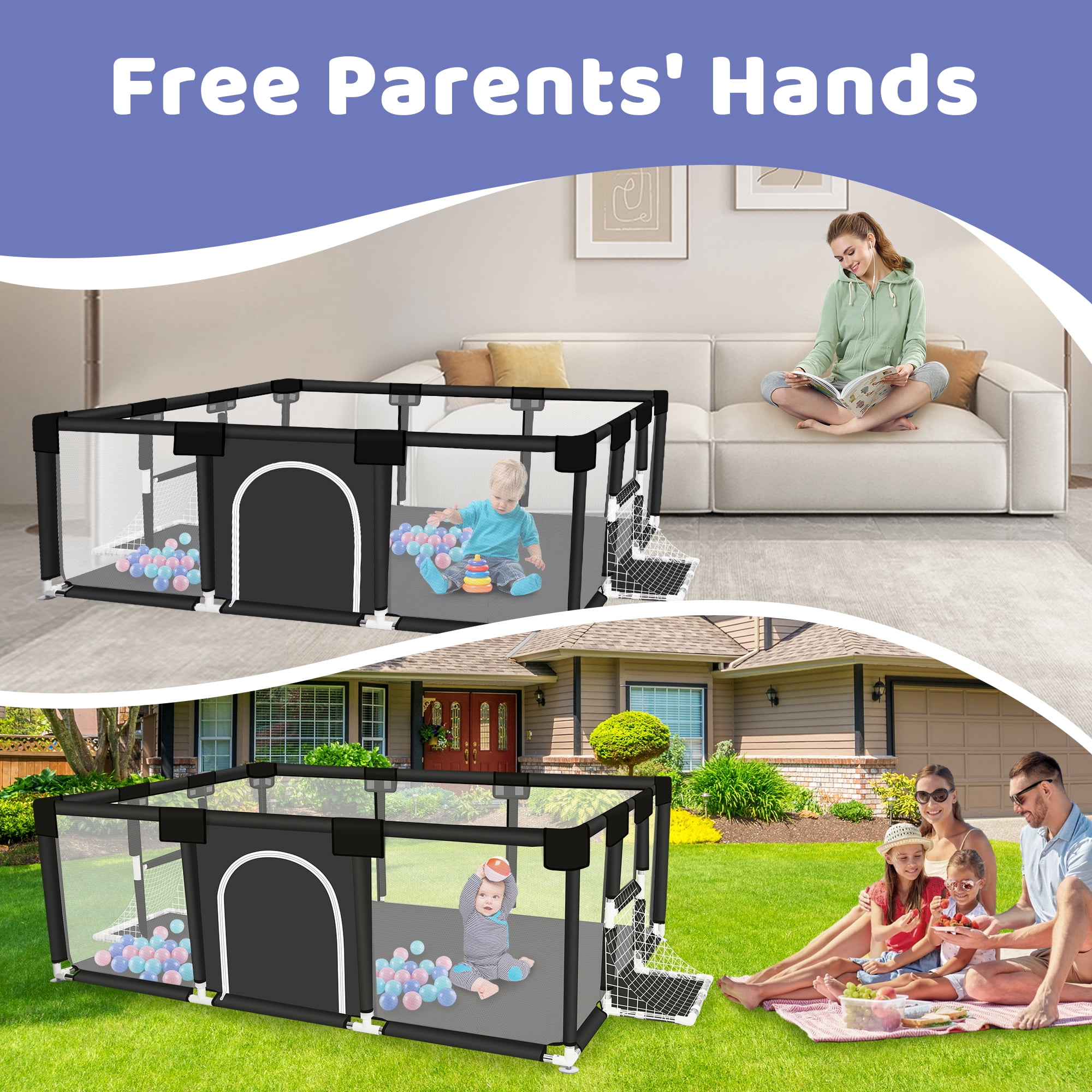 Baby Playpen, HDJ 71 inch Extra Large Baby Play Yard with Soft Breathable Mesh, Play Fence for Infant and Toddlers, Anti-Slip Base, Black