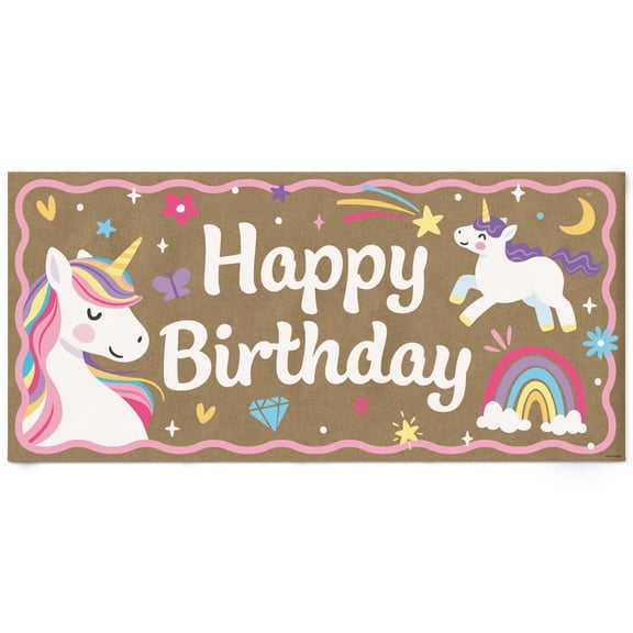 Big Dot of Happiness Unicorn Birthday Kraft Paper Banner, Magical Rainbow Unicorn Happy Birthday Party Banner, Printed Brown Paper Party Sign Decoration – 1 Count