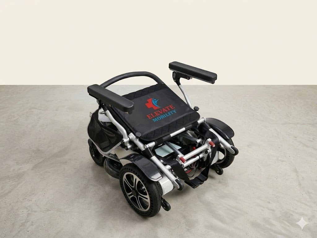 EM-100F Electric/Manual, Remote-Control Electric Wheelchair with Control Joystick and Shopping Bag