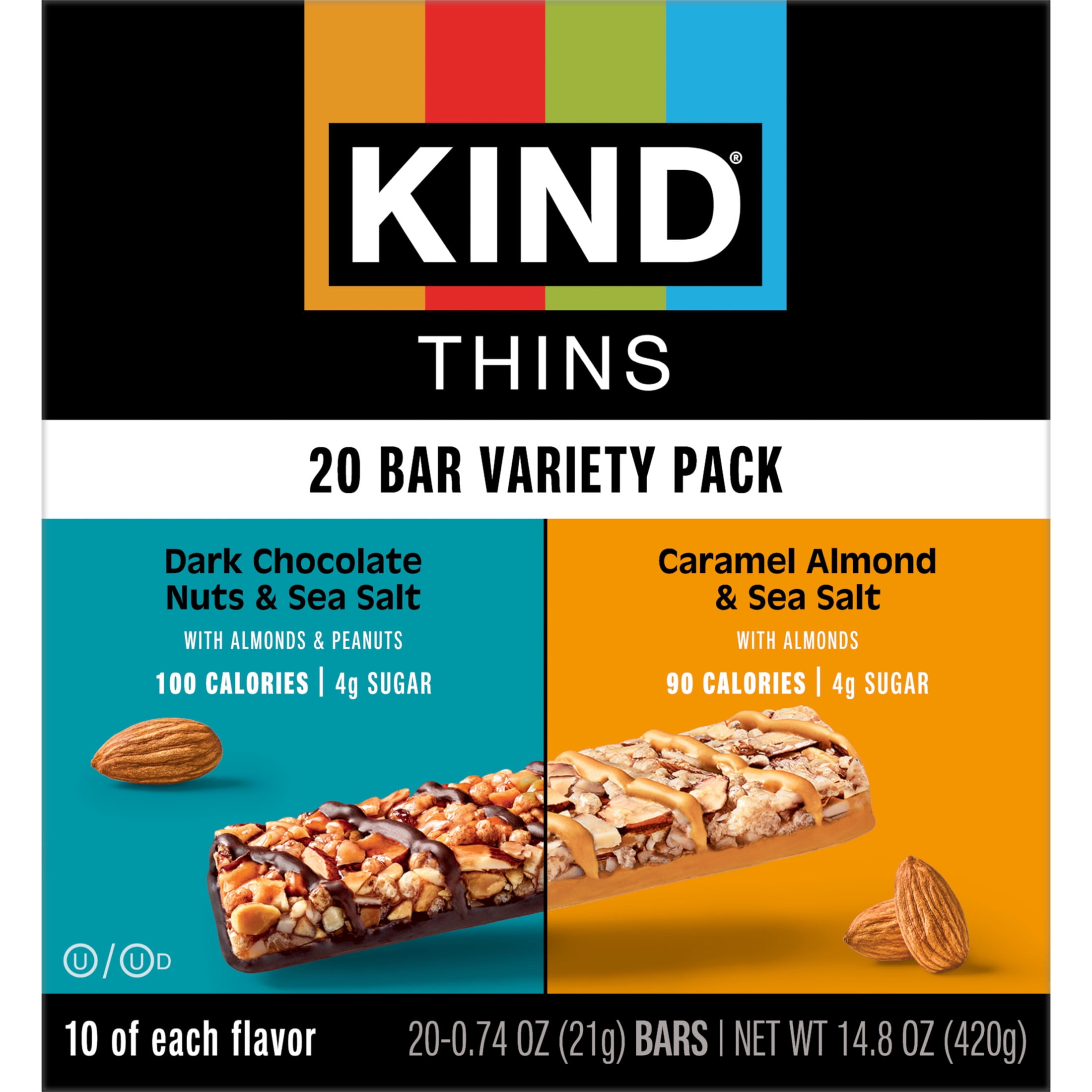 KIND Thins Bars Variety Pack, Dark Chocolate Nuts & Sea Salt, Caramel Almond & Sea Salt, 20 Snack Bars, 1 Box
