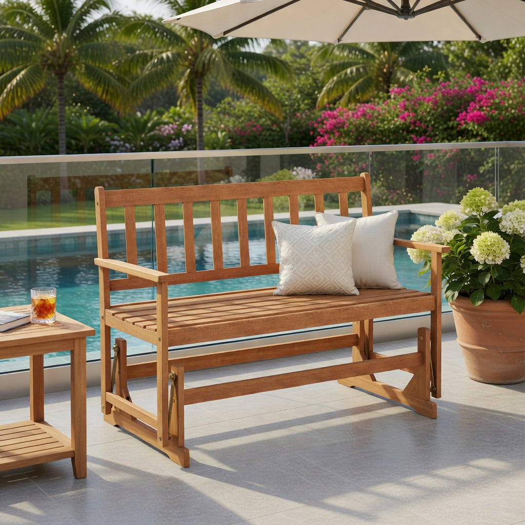 Hommoo 2-Person Acacia Wood Glider Bench Swing Loveseat, Outdoor Rocking Patio Bench with Smooth Glide, Ergonomic 105° Back Angle, Natural