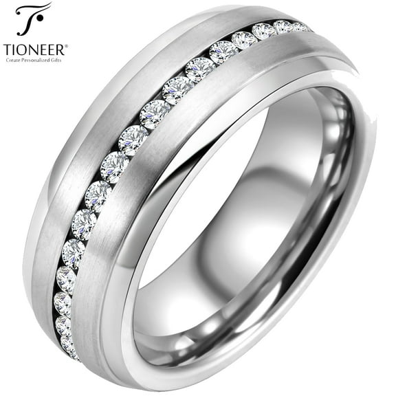 Tioneer Tungsten Carbide Wedding Band w/ White Cubic Zirconia Eternity Style w/ Step Edges in Silver or Black 8mm Ring