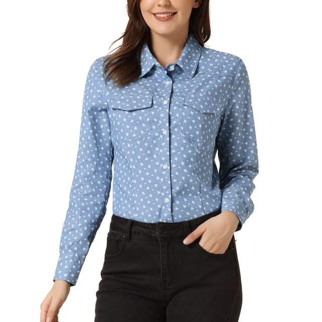 INSPIRE CHIC Women's Point Collar Long Sleeve Button Down Chest Pockets Denim Shirt S Light Blue Floral