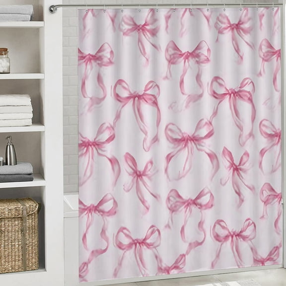 Christmas Shower Curtain, Pink Bow Signs Christmas Curtain with Hooks for Home Bathroom Decor Washable Curtains, 72x72 in