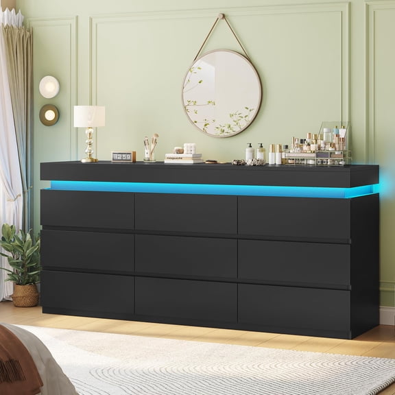Afuhokles Wide Dresser TV Stand with 9 Drawers Dresser for Bedroom Chests of Drawers for Living Room, Black