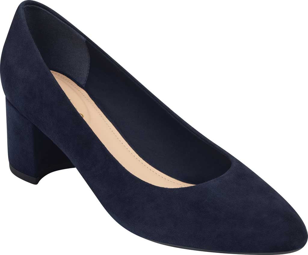 navy suede block heel pumps