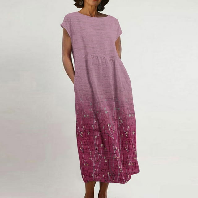 Meichang Robe d'Été en Coton et Lin à Manches Courtes pour Femme, Col Rond, Coupe Ample, Dégradé, Robe Midi Bohème Décontractée à Imprimé, Robe de Travail Rétro Légère Évasée, Rouge, TG