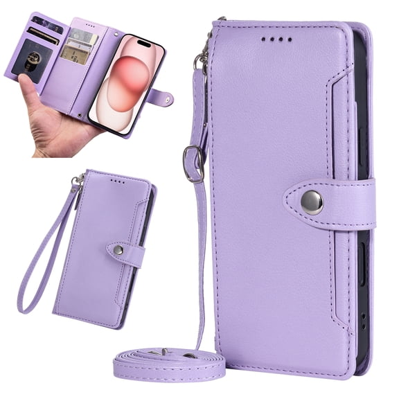 Crossbody Wallet Case For iPhone 16e/17e, Premium PU Leather Folio Flip Stand with Zipper Pocket 9 Card Slots Holder Adjustable Shoulder Strap & Wristlet RFID Blocking Purse Case,Purple