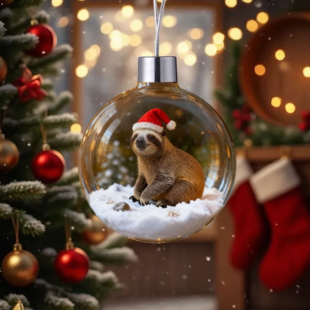 Christmas Snow Globe Ornament Set with Dog, Cattle, Raccoon, Capybara, Sloth, and Bear Figures in Clear Glass Balls with Santa Hats and Simulated Snow