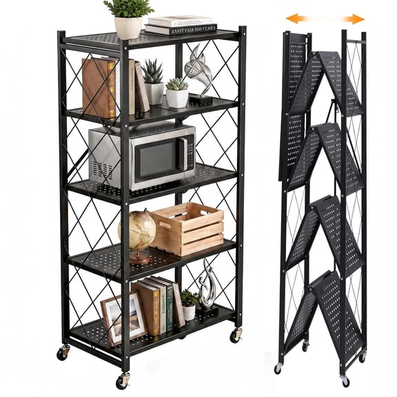 Behome 5 Tier Foldable Storage Shelves with Wheels, 28.1"x 13.4"x 61" Metal Shelving, No Assembly Storage Rack for Garage Kitchen, Basement, Pantry