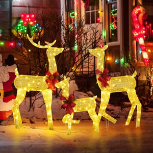 YDLW Decoration 3-Piece Lighted Christmas Reindeer Family Set Gold