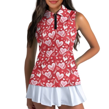Uorisanigo Valentine s Day Heart Women s Golf Sleeveless Shirt Comfortable Stylish Moisture Wicking Casual Tennis Activewear for Workout Sports Size M