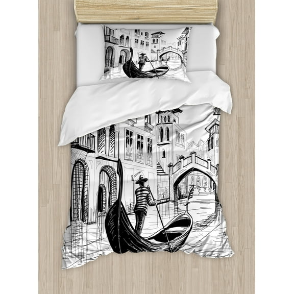 Sketchy Duvet Cover Set, Gondola in Venice European Famous Canal History Mediterranean Holiday Image, Decorative 2 Piece Bedding Set with 1 Pillow Shams, Twin Size, Black and White, by Ambesonne