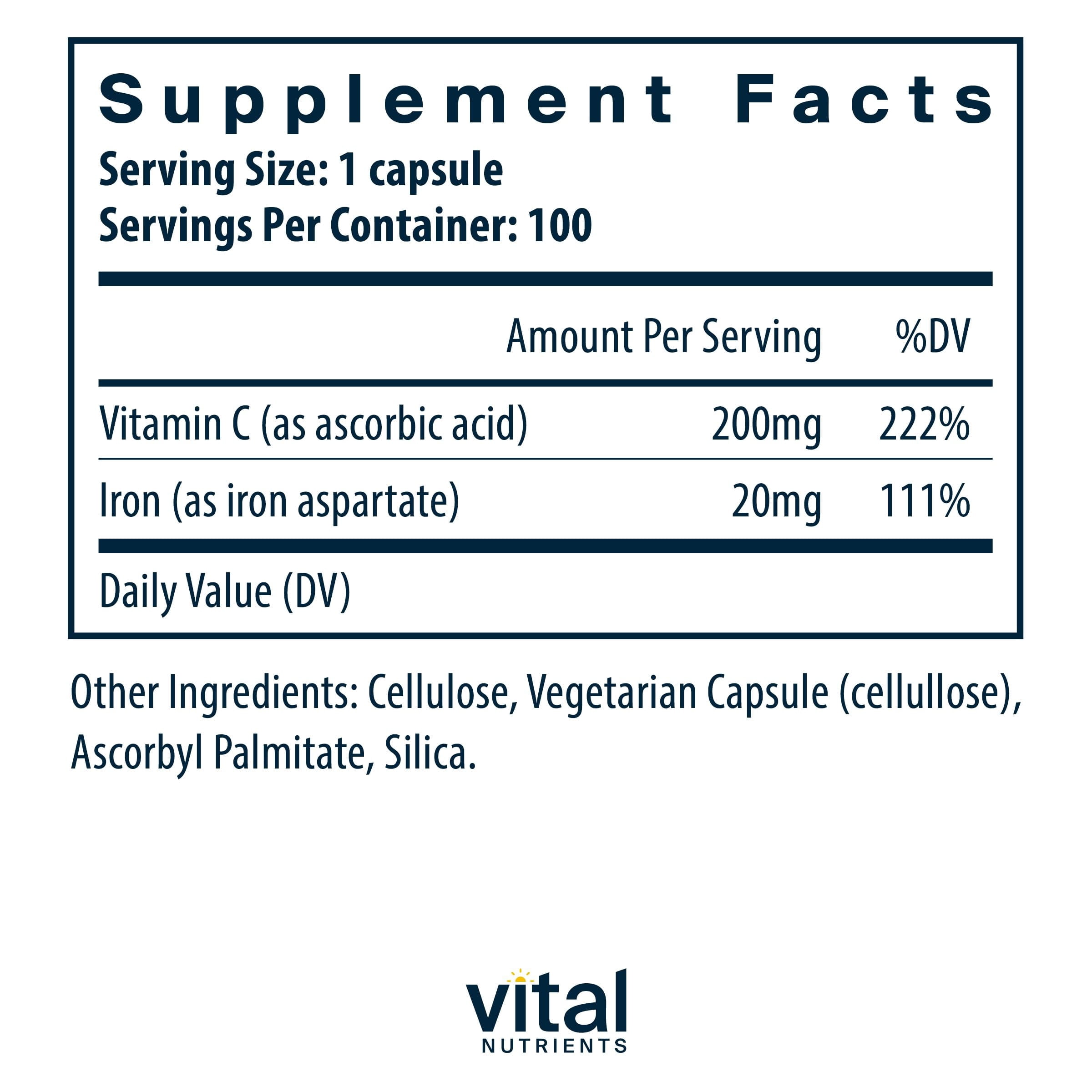 Vital Nutrients Iron Plus C | Vegan Iron Supplement | 20mg Fe with 200mg Vitamin C to Increase Fe and Energy Levels | Gluten, Dairy, Soy Free | Non-GMO | 100 Capsules
