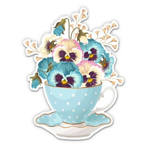 Pretty Pansies in a Teacup Blue - 3" Vinyl Sticker - For Car Laptop I-Pad Phone Helmet Hard Hat - Waterproof Decal