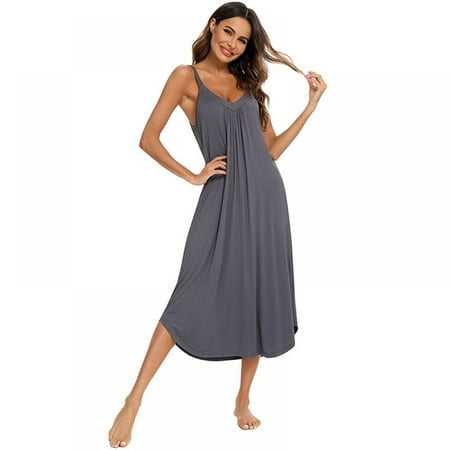 Nightgown Sexy Lingerie for Women Nightwear Chemise Sleeveless Camisole Slip Dress Babydoll Sleepwear  V Neck S-XXL(Gray)