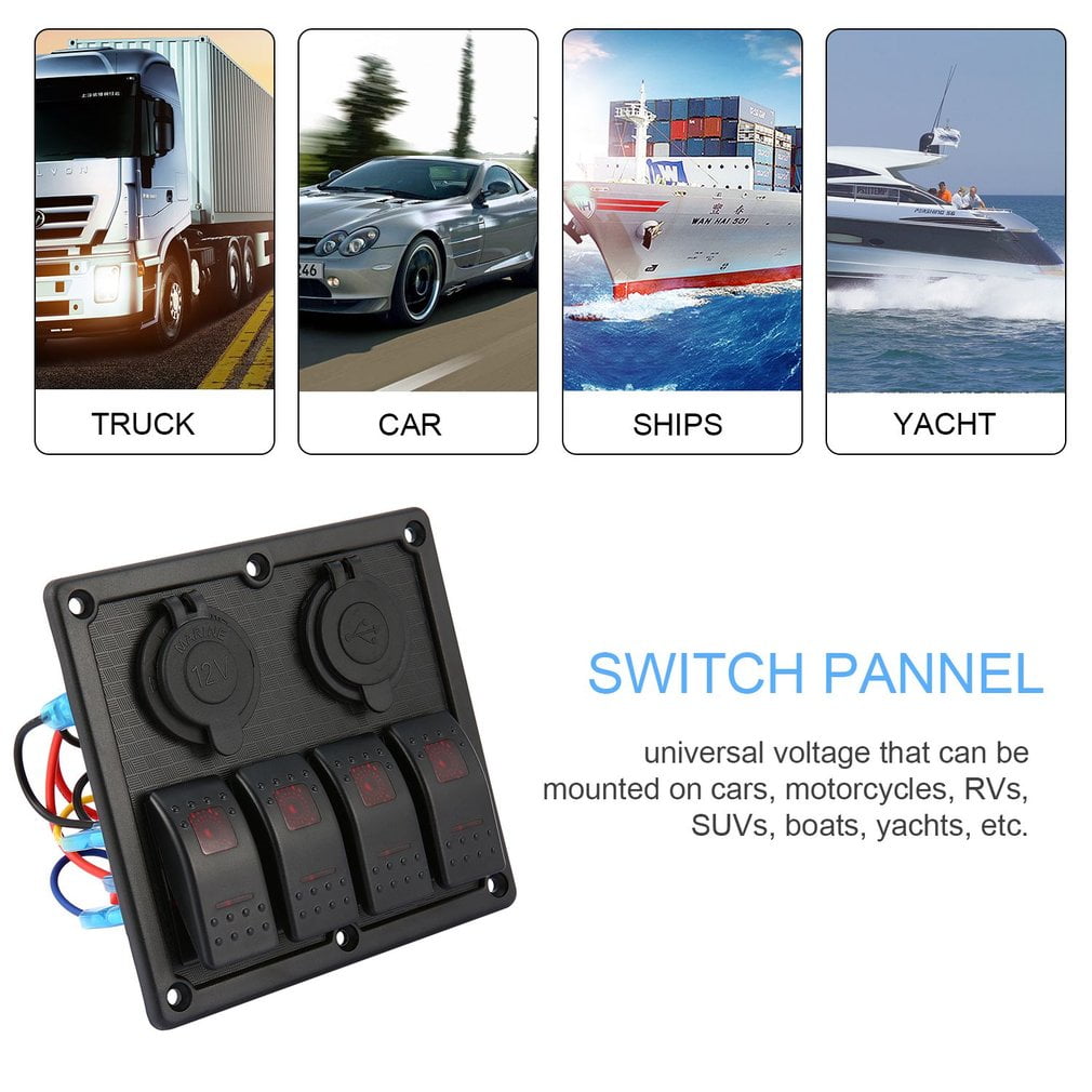 12V-24V 4 gang Waterproof  Switch Panel With Power Socket And USB  Marine Boat