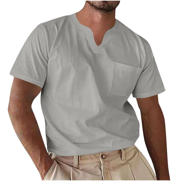 Blusas y camisas de manga corta con cuello en V para hombre, blusa informal de verano a la moda de color liso con cuello en V y bolsillo.