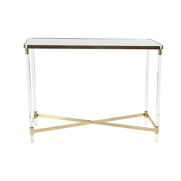 DecMode 44" x 32" Gold Metal Rectangular Console Table with Mirrored Top and Acrylic Legs, 1-Piece