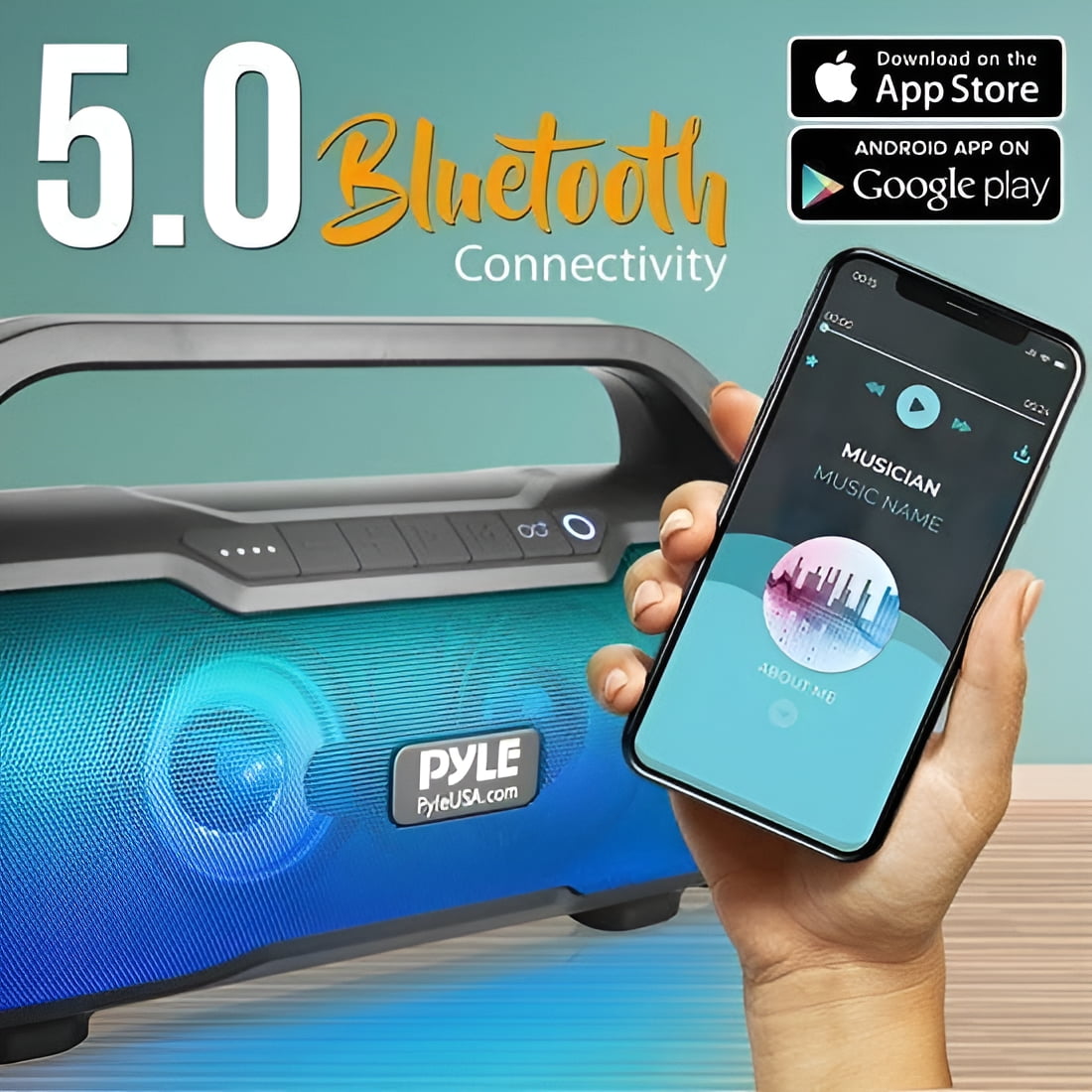 Pyle PBMWP185 - BoomBox Speaker System - & Portable Stereo Radio Speaker with Built-in RGB Lights, FM Radio