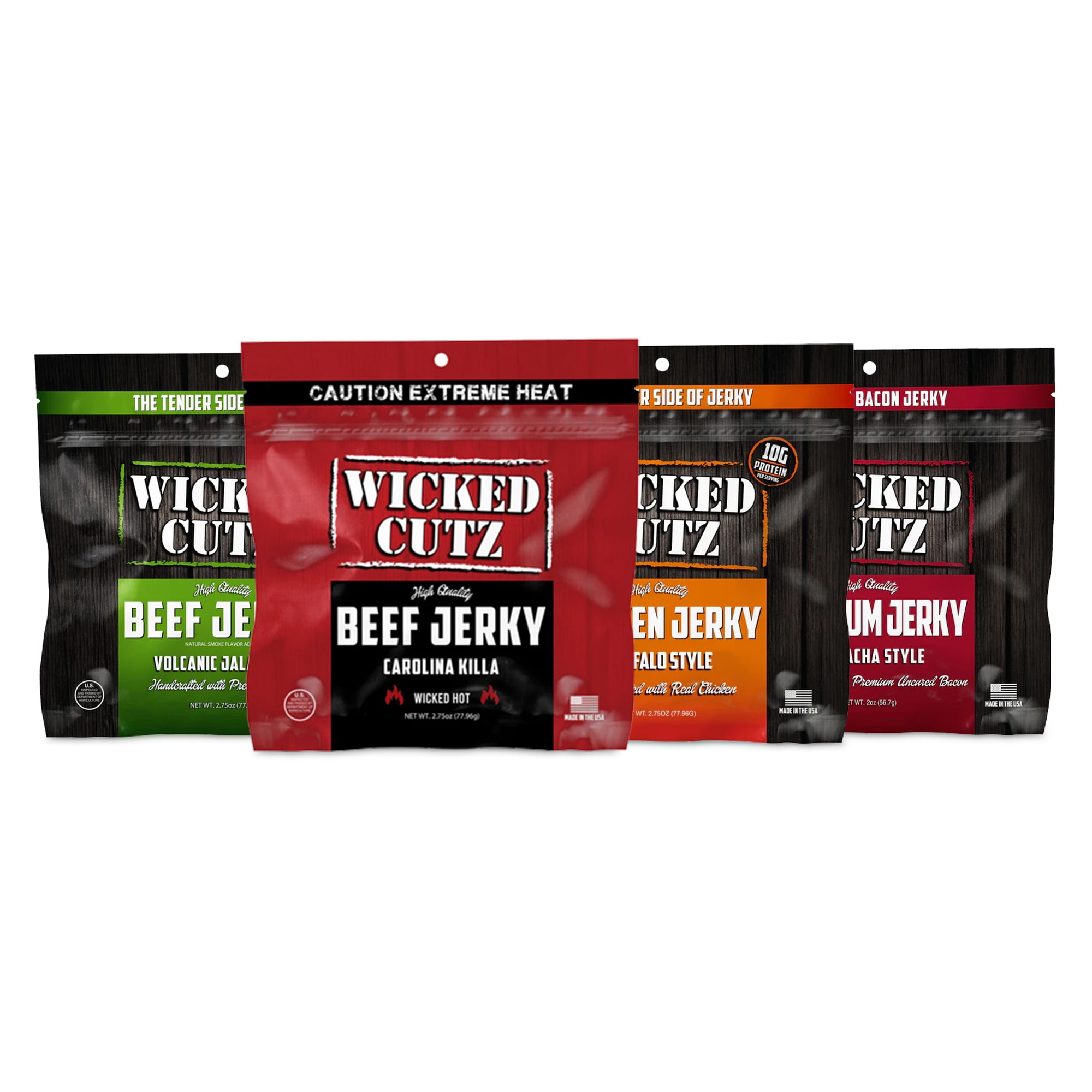 Wicked Cutz Premium Tender Spicy Jerky, Quality Natural Smoked Variety, Beef, Chicken, Bacon, 4-Pack