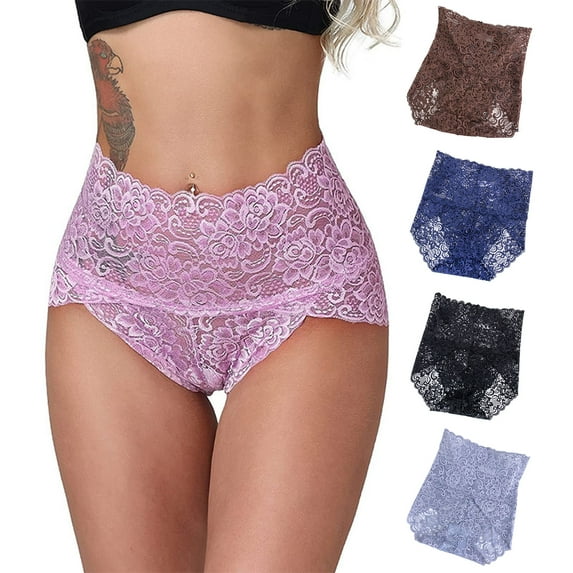 rygai Women Underpants See-through High Waist Tummy Control Women Briefs Female Intimacy Clothes,Dark Blue 2XL