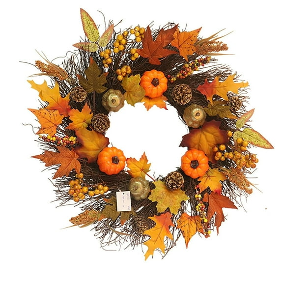 20inch Artificial Maple Leaves Fall Wreath - Autumn Wreath with Colorful Maple Leaves Pumpkin Pine Cone and Berries, Harvest Wreath for Front Door Table Wall and Thanksgiving Festival Wedding Decor,L