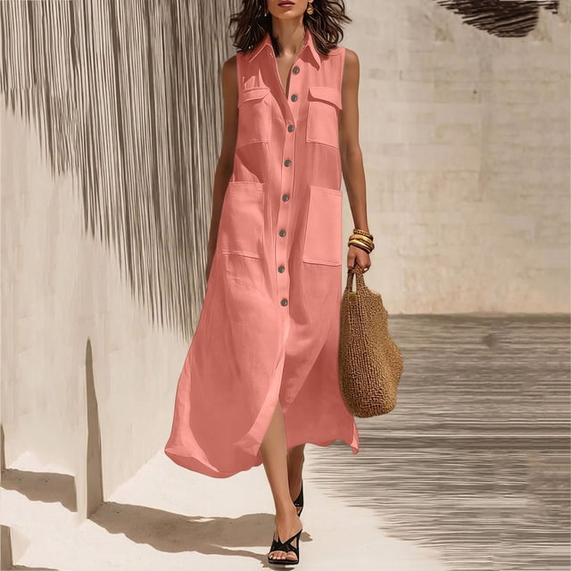 XiYing Robes Décontractées pour Femmes, Robe Longue d'Été Décontractée pour Femmes à Col en V Sans Manches, Maxi Fluide avec devant à Boutons et Poches pour Vacances à la Plage, Coupe Ample,