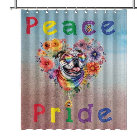 Peace Love Pride Bulldog with Rainbow Sunglasses LGBT LGBTQ  Shower Curtain Dog Lover Gifts Idea Waterproof Bathroom Bathtub Curtain - 01004
