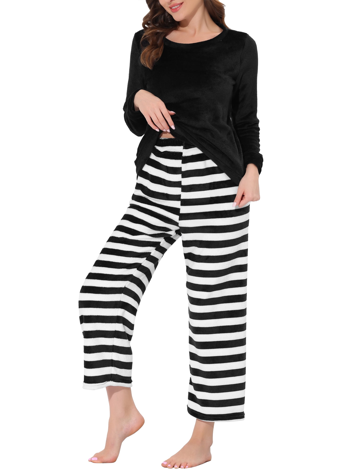 Unique Bargains Women's Lounge Long Sleeve Nightwear Warm Flannel Pajama Sleepwear Sets
