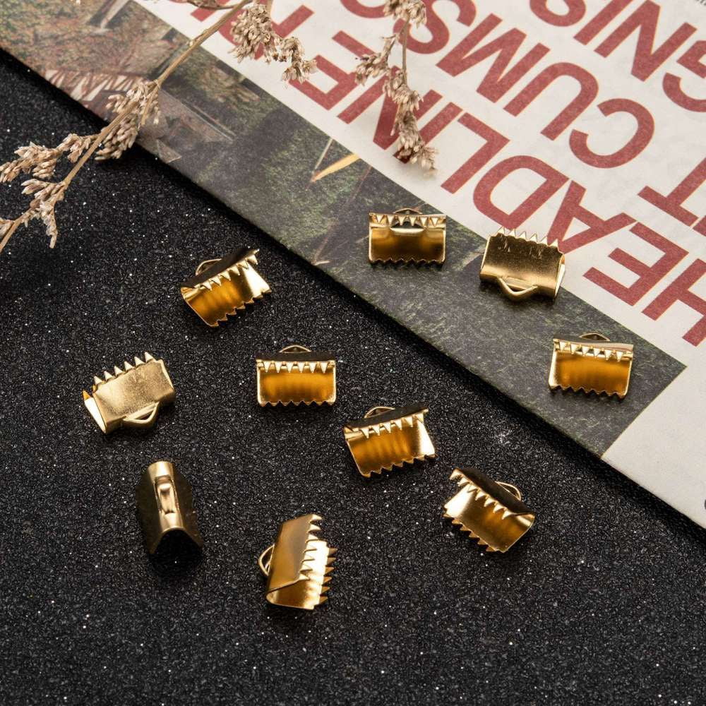200pcs Ion Plating(IP) 304 Stainless Steel Ribbon Crimp Ends Golden 9.5x10.5mm Hole: 1.5x3mm